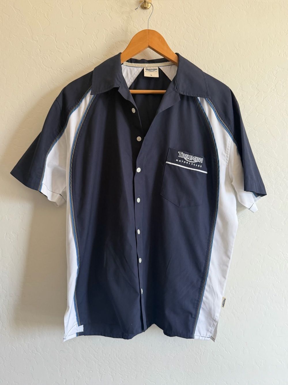 Triumph Motorcycles Pit Crew Mechanic Shirt Mens Large Navy White Embroidered L